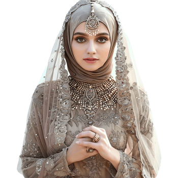 Stunning Bride in Embroidered Beige Gown and Exquisite Gold Jewelry png