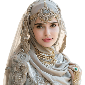 Beautiful Muslim Bride in Elegant Beige and Gold Wedding Attire png