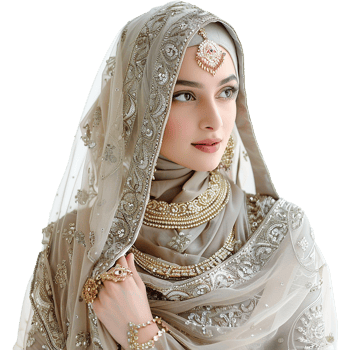 Stunning Bride in Elegant Embroidered Beige Hijab and Gold Jewelry png