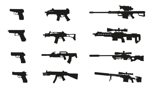 Silhouettes of weapons. A large set of modern and not only small arms in . vector