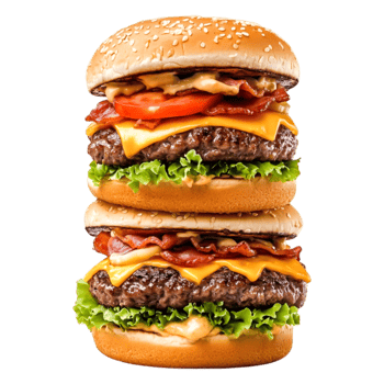 Juicy Double Cheeseburger with Bacon, Lettuce, and Tomato on png
