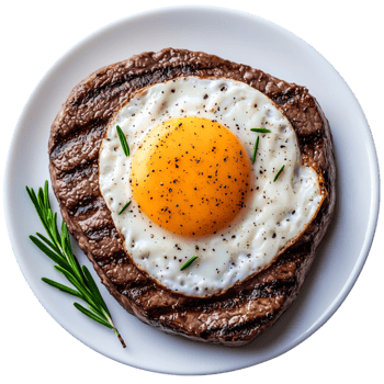 Grilled Steak with Fried Egg and Fresh Herbs on White Plate png