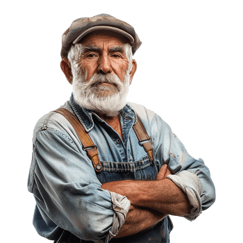 Portrait of a weathered old farmer with arms crossed, wearing a denim shirt and overalls png