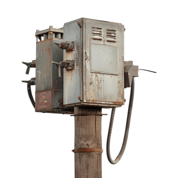 Old Rusty Electrical Utility Box Mounted on Wooden Post png