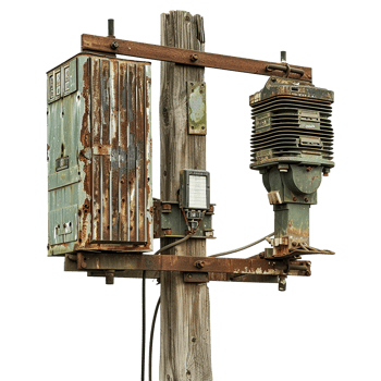 Rusty and weathered electrical equipment mounted on a wooden pole png