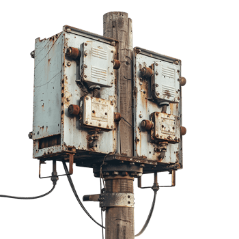 Rusty Old Electrical Boxes Mounted on Wooden Pole Outdoor Industrial Setting png