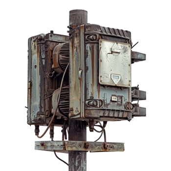 Rusty and weathered outdoor electrical equipment mounted on a pole png
