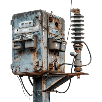 Rusty and weathered outdoor electrical utility box and surge arrester on a metal pole png