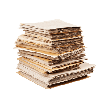 A Large Stack of Old, Dusty, and Aged Paper Documents and Files in a Cardboard Box png