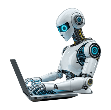Humanoid robot working on laptop transparent image. Robotic assistant isolated cutout 3d render. Smart technology workspace, intelligent machine cut out clipart design character png
