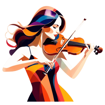 A serene watercolor illustration of a woman immersed in her violin performance, surrounded by light, delicate hues that emphasize the peaceful atmosphere. png