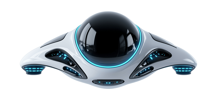 Futuristic white UFO with black dome image isolated transparent. Advanced spacecraft technology cut out photo . Unidentified extraterrestrial object cutout element photography png