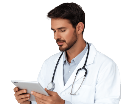 Caucasian male doctor using digital tablet image isolated transparent. Telemedicine expert physician assistant stethoscope man cut out photo . Healthcare provider cutout photography png