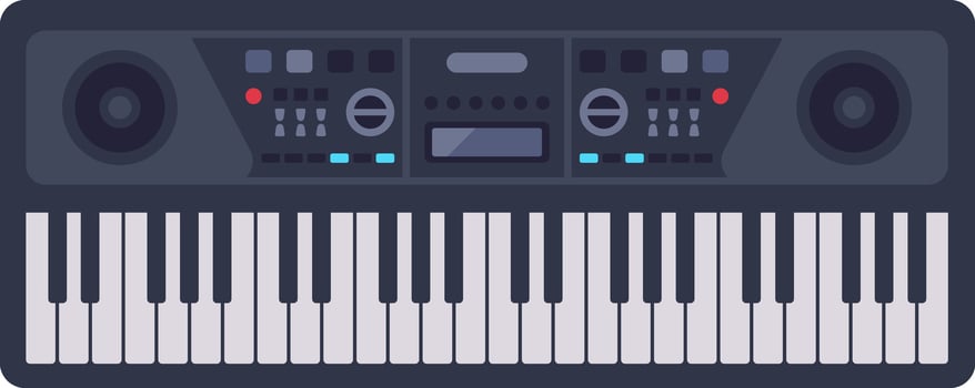 Electronic piano keyboard synthesizer with speakers and control panel, ideal for music production, composition, and live performances, featuring a sleek design and advanced functionalities vector