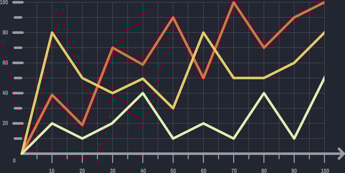 Three vibrant lines rising on a dark grid financial chart, illustrating positive growth and development in market trends, reflecting successful performance and investment strategies vector