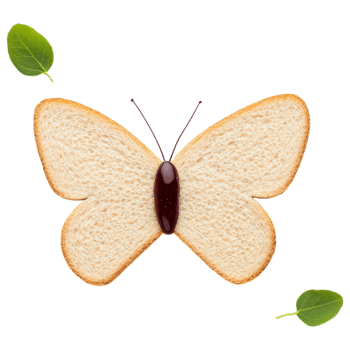 Food concept, whimsical butterfly shaped sandwich made of bread, with jelly in center, surrounded by green leaves, evokes playful mood png