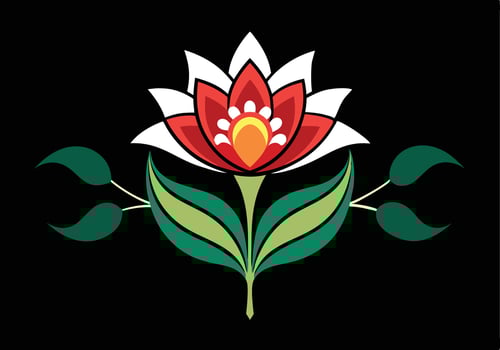 Red White Flower Design Art Folk Green Leaves Black Background vector