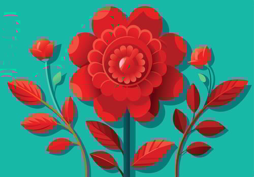 Red Flower Illustration Teal Background, Botanical Design, Floral Art vector