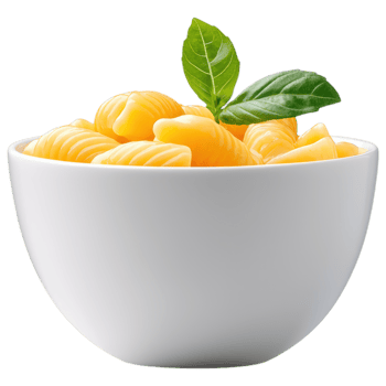 Food concept, Creamy macaroni and cheese in white bowl, garnished with fresh basil leaves, evokes comfort and satisfaction png
