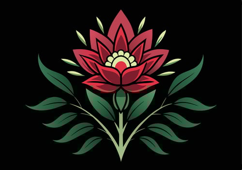 Stylized Floral Design Red Flower, Green Leaves, Black Background vector