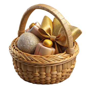 serene creative Gift Basket Wicker Filled Treats Ribbon Tied Cutout png