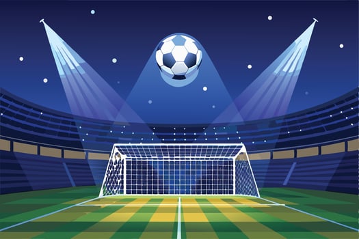 Soccer Stadium at Night with Spotlight on the Ball and Goal vector