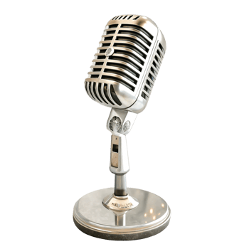 Vintage Silver Microphone on Stand, Retro Audio Equipment, Studio Recording Mic png