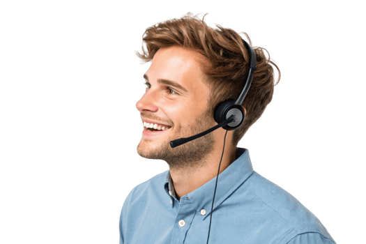 young man wearing headset, smiling while providing technical support, showcasing friendly demeanor png