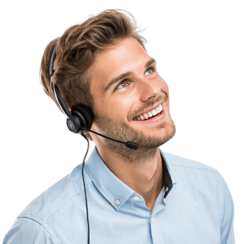 Smiling man with headset, looking up, engaged conversation, technical support, customer service, professional appearance png