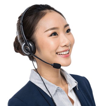 Smiling customer service representative wearing headset, providing technical support with friendly demeanor png