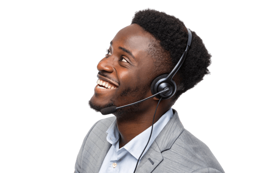 smiling man wearing headset in professional setting, showcasing technical support and customer service skills png