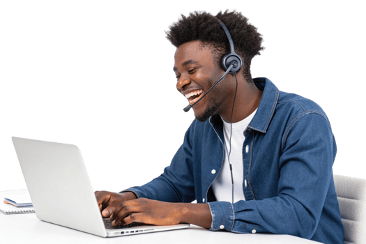 young man with headset is smiling while working laptop, showcasing positive and engaging atmosphere technical support setting png