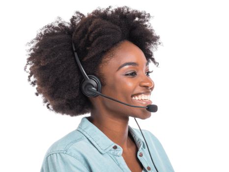 Smiling woman with curly hair wearing headset, providing technical support and assistance, showcasing professionalism and png