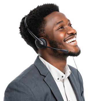 Smiling man headset, professional attire, providing technical support, cheerful expression, customer service, communication png