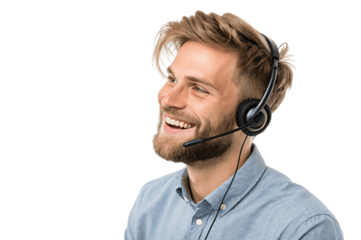 Smiling man with headset providing technical support, showcasing friendly demeanor and professionalism in customer service png