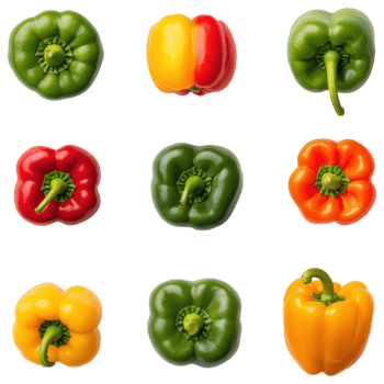Colorful selection of bell pepper slices arranged in grid, showcasing vibrant hues and fresh textures, perfect for culinary inspiration. png