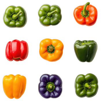Colorful selection of sliced bell peppers arranged in grid, showcasing vibrant hues and fresh textures, perfect for culinary inspiration png