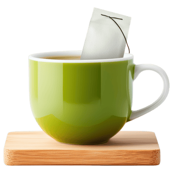 vibrant green cup of tea with tea bag steeping, resting on wooden coaster, evokes sense of warmth and relaxation. png