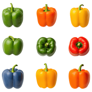 Colorful selection of sliced bell peppers arranged in grid, showcasing vibrant hues and fresh textures, perfect for culinary inspiration. png