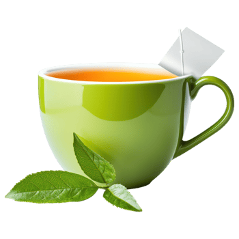 vibrant green cup of tea with tea bag, accompanied by fresh green leaves, evokes sense of warmth and relaxation. png