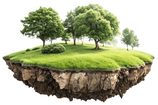 Floating Island with Lush Green Grass, Trees, and Exposed Soil Cliffs png