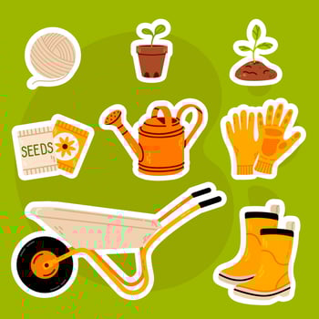 A collection of gardening-themed sticker illustrations featuring tools, plants, wheelbarrows, gloves, boots, watering cans, and seed packets. Ideal for garden planners, DIY projects, and home decor. vector