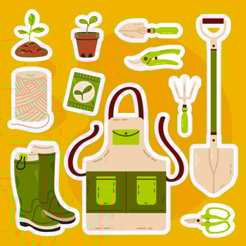 Green collection of gardening-themed sticker illustrations featuring tools, plants, wheelbarrows, gloves, boots, watering cans, and seed packets. Ideal for garden planners vector