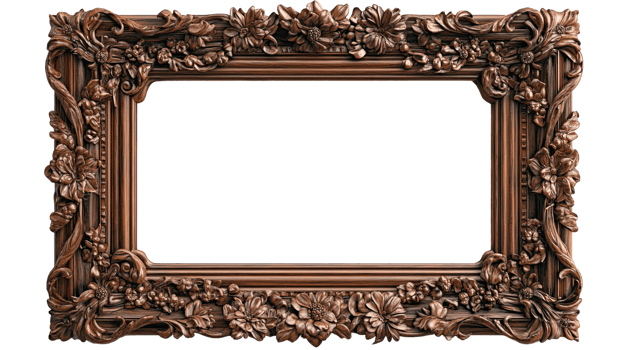 Elegant wooden picture frame with intricate floral carvings, perfect for showcasing art or photographs. png