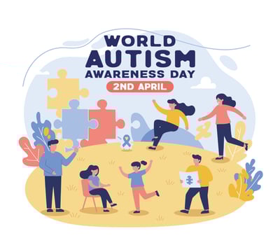 World autism awareness day poster with people playing with puzzle pieces vector