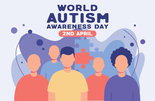 World Autism Awareness Day flat illustration with puzzle pieces, ribbon symbol, and people interacting, promoting inclusivity and understanding vector