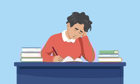 A young Student stressed expression, is engrossed in studying at a desk flat style illustration vector