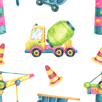 Watercolor cement mixers, traffic cones, and road signs with scattered elements. This seamless pattern is perfect for childrens books, fabric prints, and construction-themed packaging png