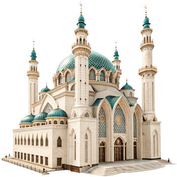 Stunning Architectural Design of a Modern Mosque with Teal Domes and Minarets png