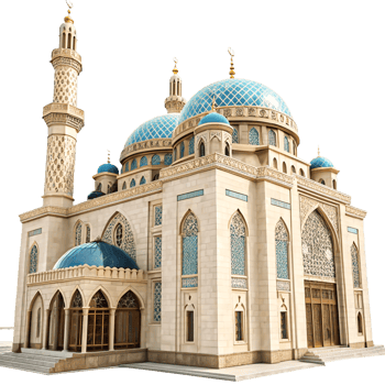 Stunning 3D Model of a Grand Islamic Mosque with Blue Domes and Minarets png